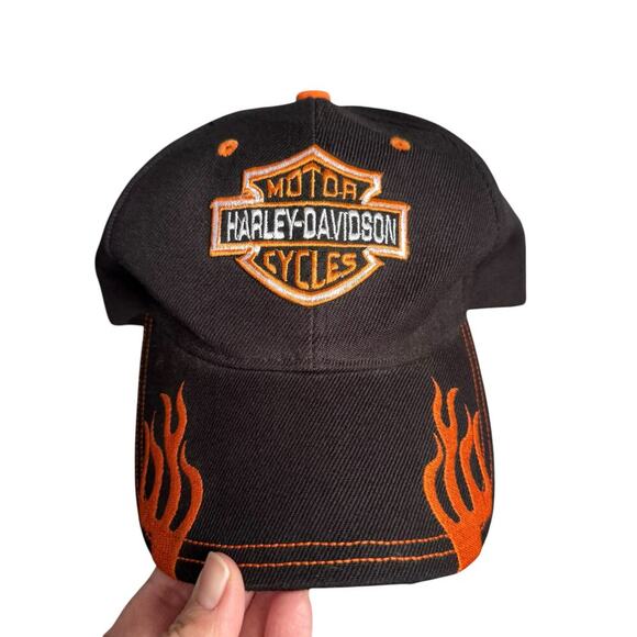 Harley Davidson Motorcycles Black Orange Flame Adjustable Hat Cap Velcro Back OS - Picture 1 of 9